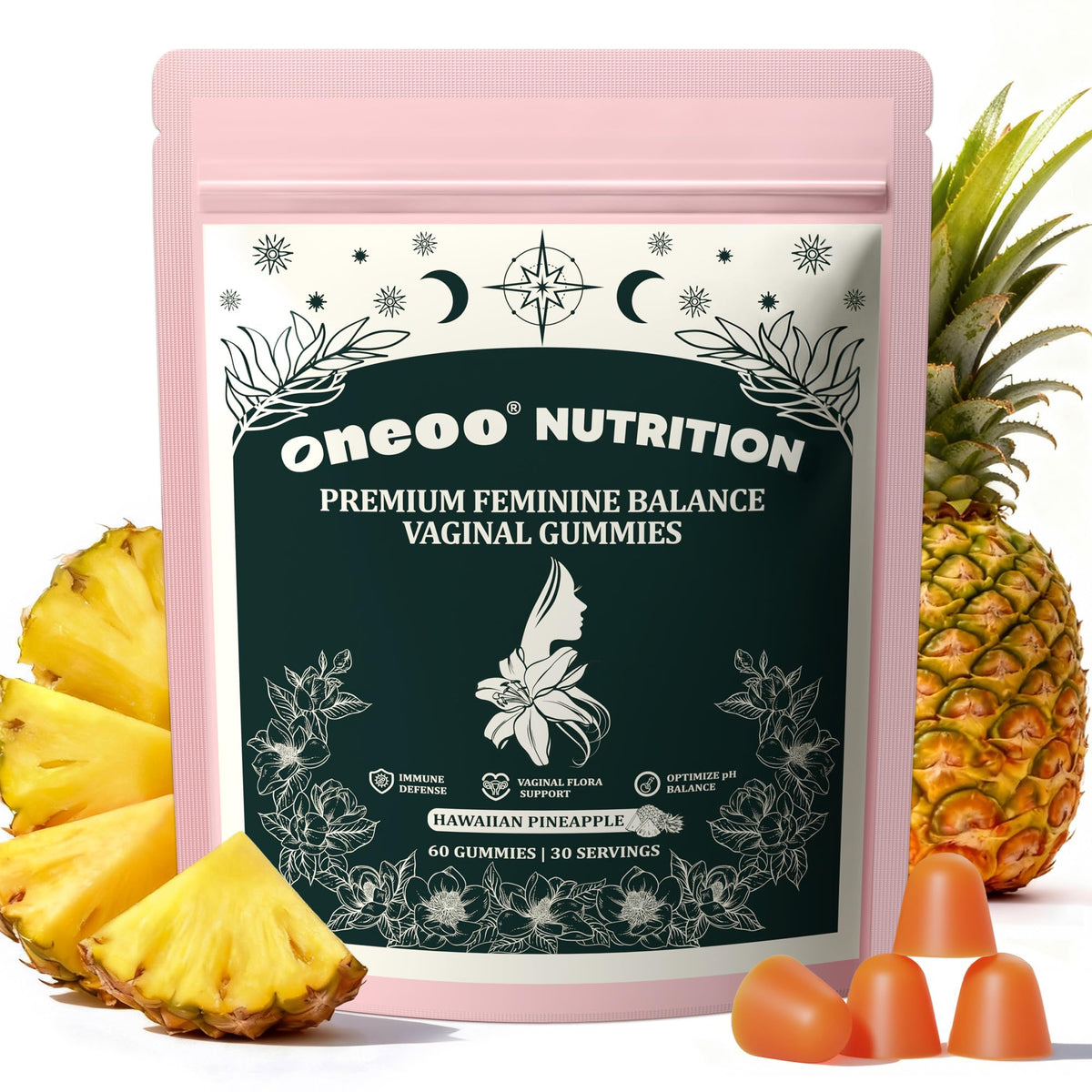 Oneoo Feminine Balance Gummies - Premium Balance Gummies for Women's pH Health, Feminine Gummy for Immune & Energy Support, Vegan, Gluten-Free, Hawaiian Pineapple, 60 Count OneooBuy Supplements Australia