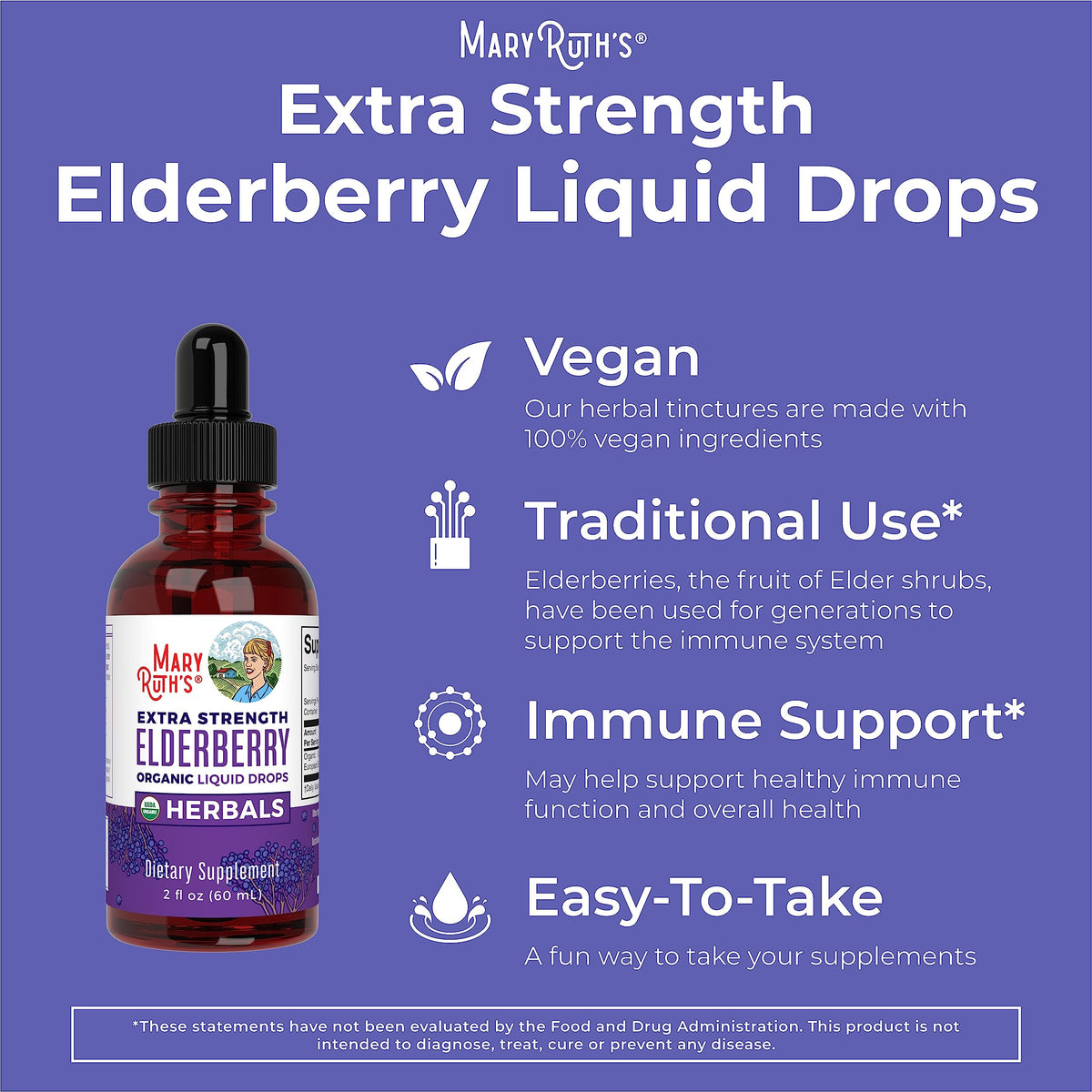 MaryRuth Organics Elderberry Syrup Extra Strength, USDA Organic Elderberry, Sugar Free Adults & Kids Immune Support Supplement for Ages 1+, Clean Label Project Verified®, Vegan, Gluten Free, 2 Fl Oz MARYRUTH'SBuy Supplements Australia