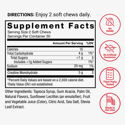 Force Factor Legendary Creatine Chews, 5g Creatine Monohydrate, Build Muscle, Improve Strength & Recovery, Support Memory & Cognitive Function, Sugar Free, Berry Blast, 60 Soft Chews Force FactorBuy Supplements Australia