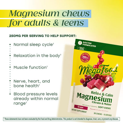 MegaFood Relax + Calm Magnesium Complex with Magnesium Citrate & Malate for Heart Health, Muscle Tension & More – Doctor Formulated - Vegetarian – Grape Flavor - 30 Soft Chews (15 Servings) MegaFoodBuy Supplements Australia