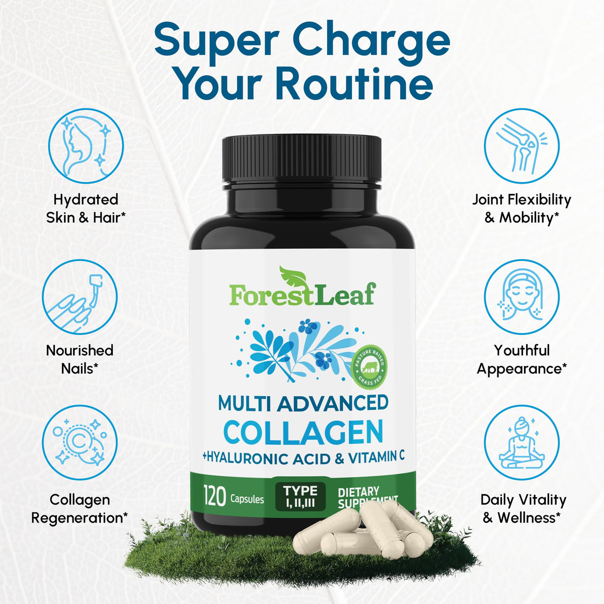 ForestLeaf Multi Collagen Pills with Hyaluronic Acid + Vitamin C | Hydrolyzed Collagen Supplements for Women or Men | Multi Collagen Capsules Peptides for Skin, Wrinkles, 240 ForestLeaf buy supplements Au