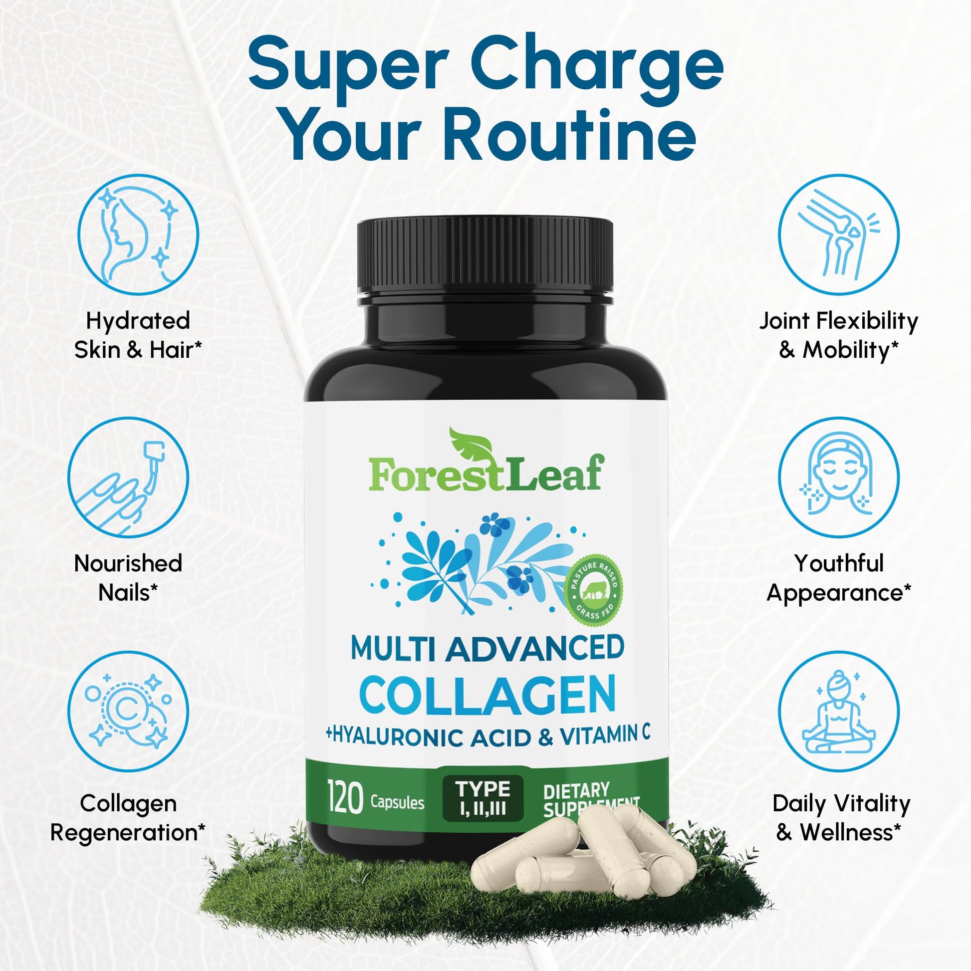 ForestLeaf Multi Collagen Pills with Hyaluronic Acid + Vitamin C | Hydrolyzed Collagen Supplements for Women or Men | Multi Collagen Capsules Peptides for Skin, Wrinkles, 240 ForestLeaf buy supplements Au