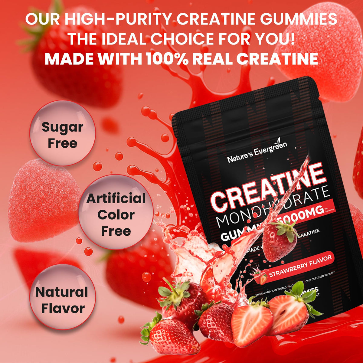 Creatine Monohydrate 5000mg Gummies, Pre-Workout 5g Creatine Gummy Supplement for Men & Women: Muscle Builder & Energy Boost, Sugar Free, Vegan, Strawberry Flavor, (120 Count) Made in USA Nature's EvergreenBuy Supplements Australia