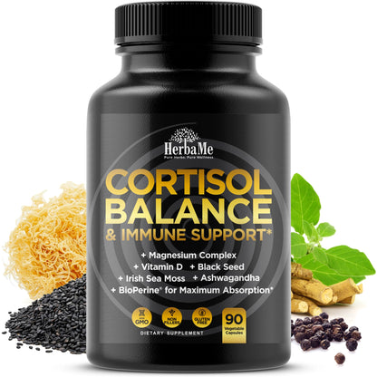 Cortisol Balance and Immune Support Supplement with Ashwagandha, Irish Sea Moss, Black Seed, Vitamin D and Magnesium Complex | Mood Enhancer | Immunity Booster | Stress Relief Pills | 90 Capsules HerbaMeBuy Supplements Australia
