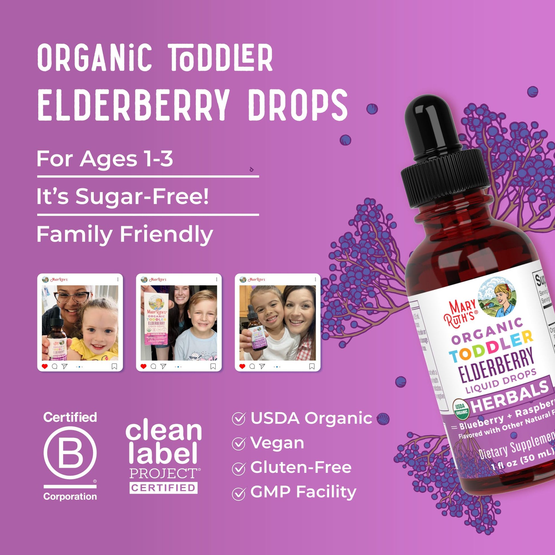 MaryRuth Organics Toddler Elderberry Syrup, USDA Organic Elderberry, Sugar Free Kids Immune Support Supplement for Ages 1-3 Years, Clean Label Project Verified®, Vegan, Non-GMO, Gluten Free, 1 Fl Oz MARYRUTH'SBuy Supplements Australia
