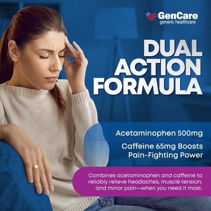 GenCare - Tension Headache Relief Pain Reliever with Acetaminophen 500 mg & Caffeine 65 mg (200 Caplets) Best Value Bulk Extra Strength for Head, Migraine, Joint Pain & Body Ache Relief Medicine GenCareBuy Supplements Australia
