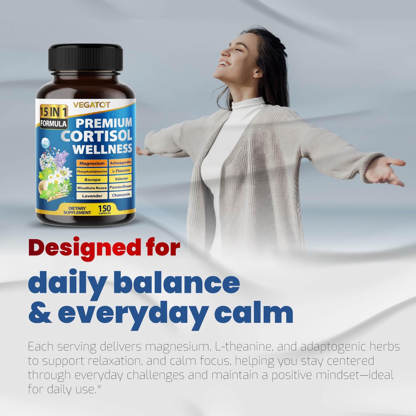 VEGATOT Organic Cortisol Wellness Complex 15-in-1 Formula with Magnesium Ashwagandha St. John's Wort Valerian Rhodiola Rosea Passionflower Chamomile VEGATOTBuy Supplements Australia