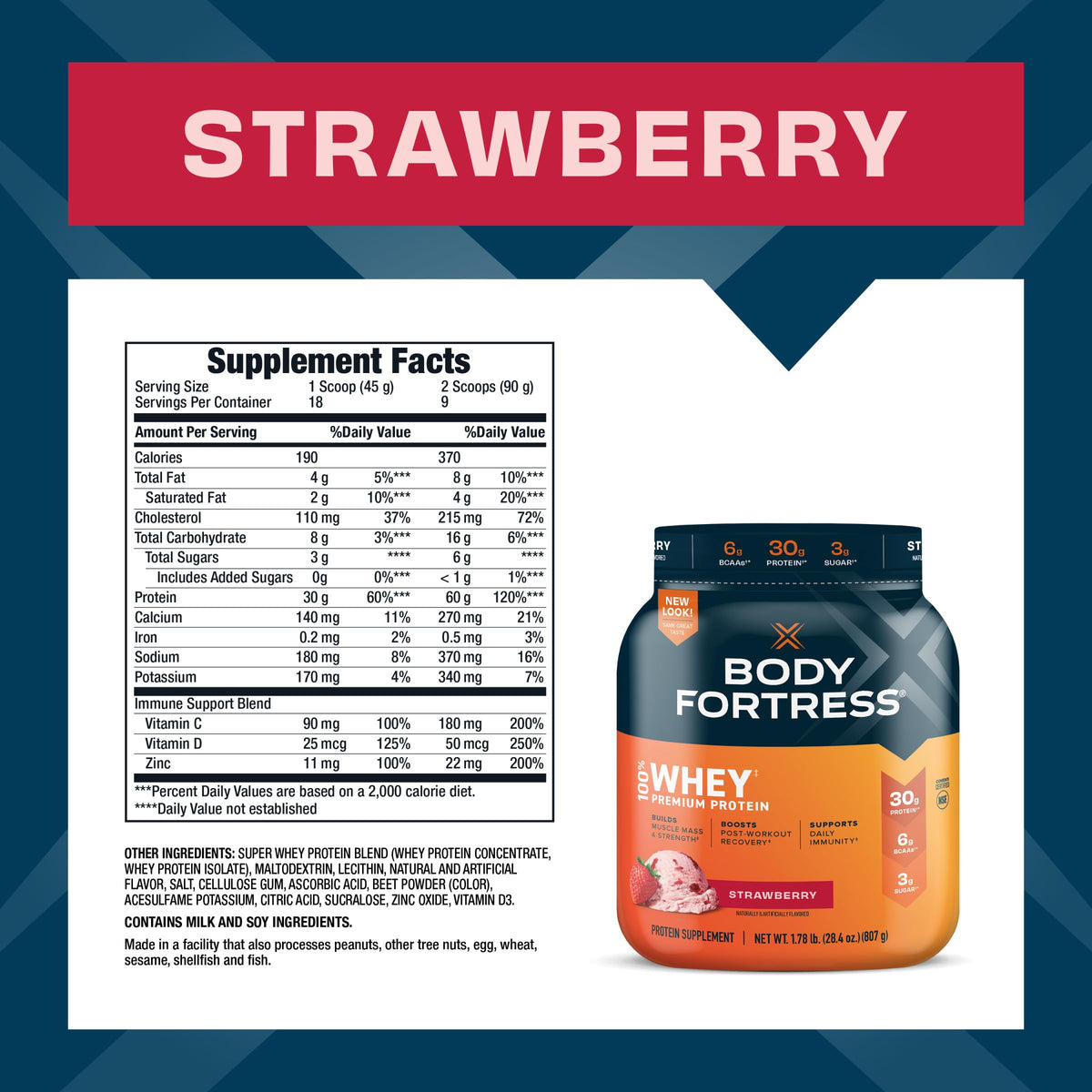 Body Fortress 100% Whey, Premium Protein Powder, Strawberry, 1.78lbs Packaging May Body FortressBuy Supplements Australia