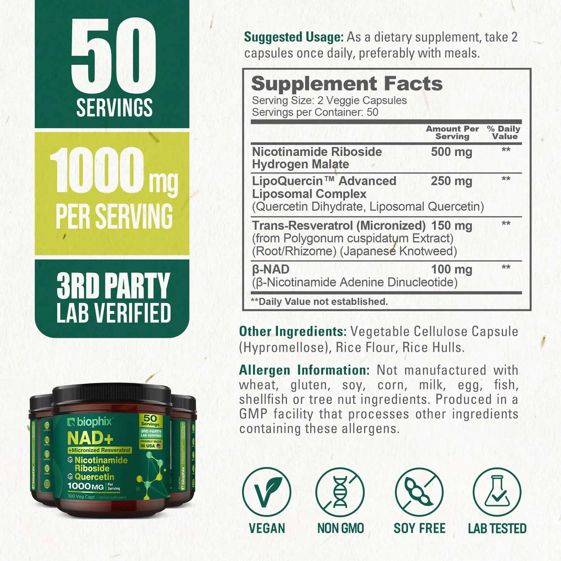 biophix NAD+ Liposomal Supplement for Women & Men - 1000 mg per Serving - Nicotinamide Riboside, Micronized Resveratrol & Quercetin Complex - 100 Veg Capsules - Non-GMO, Gluten-Free, cGMP Certified biophixBuy Supplements Australia
