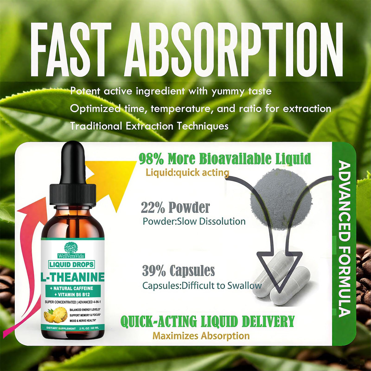 L Theanine Caffeine Liquid Drops, High Potency L-Theanine 100mg w. Caffeine Vitamin B12 B6, Natural Nootropic Brain for Smooth Energy Focus Alertness, 6X Stronger Than Pills Powder Gum WellVeraVidaBuy Supplements Australia