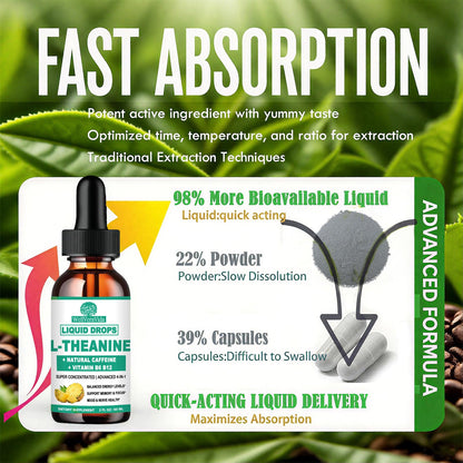L Theanine Caffeine Liquid Drops, High Potency L-Theanine 100mg w. Caffeine Vitamin B12 B6, Natural Nootropic Brain for Smooth Energy Focus Alertness, 6X Stronger Than Pills Powder Gum WellVeraVidaBuy Supplements Australia