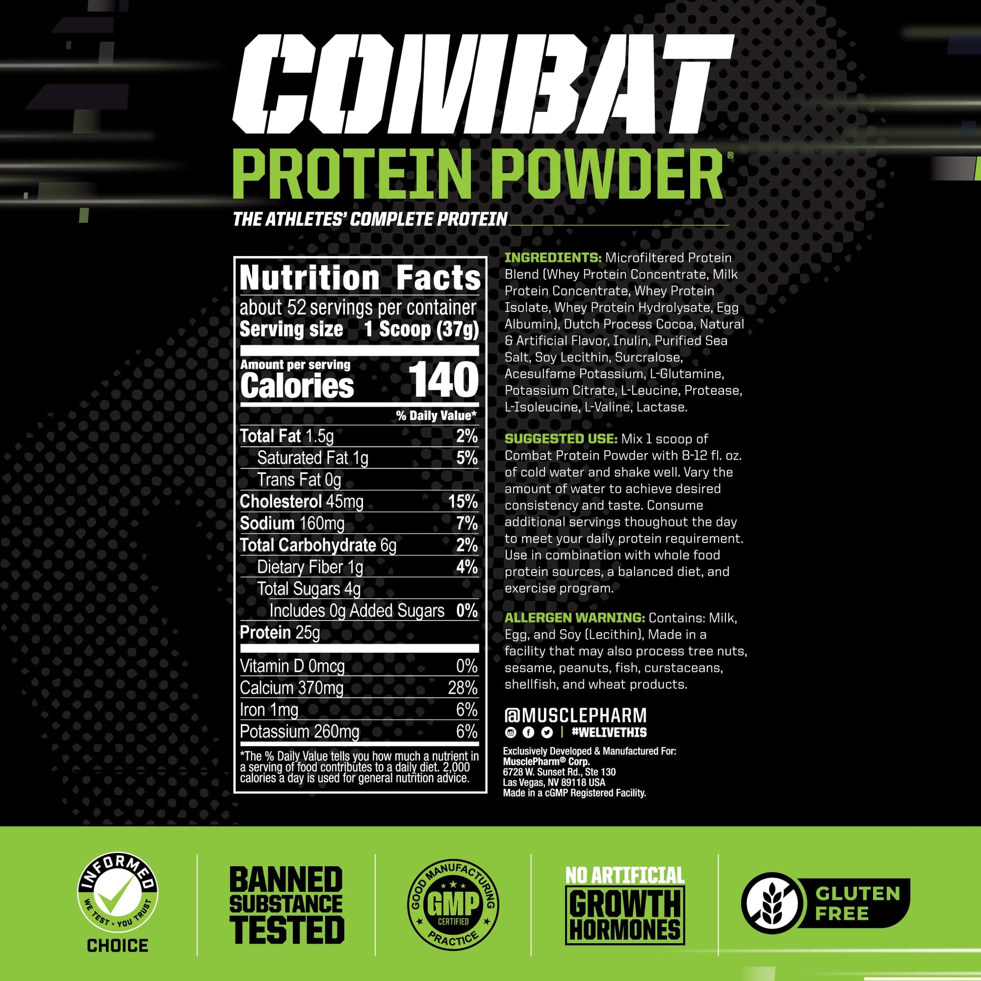 MusclePharm Combat Protein Powder, Chocolate Milk - 4 lb - Gluten Free - 52 Servings Muscle PharmBuy Supplements Australia