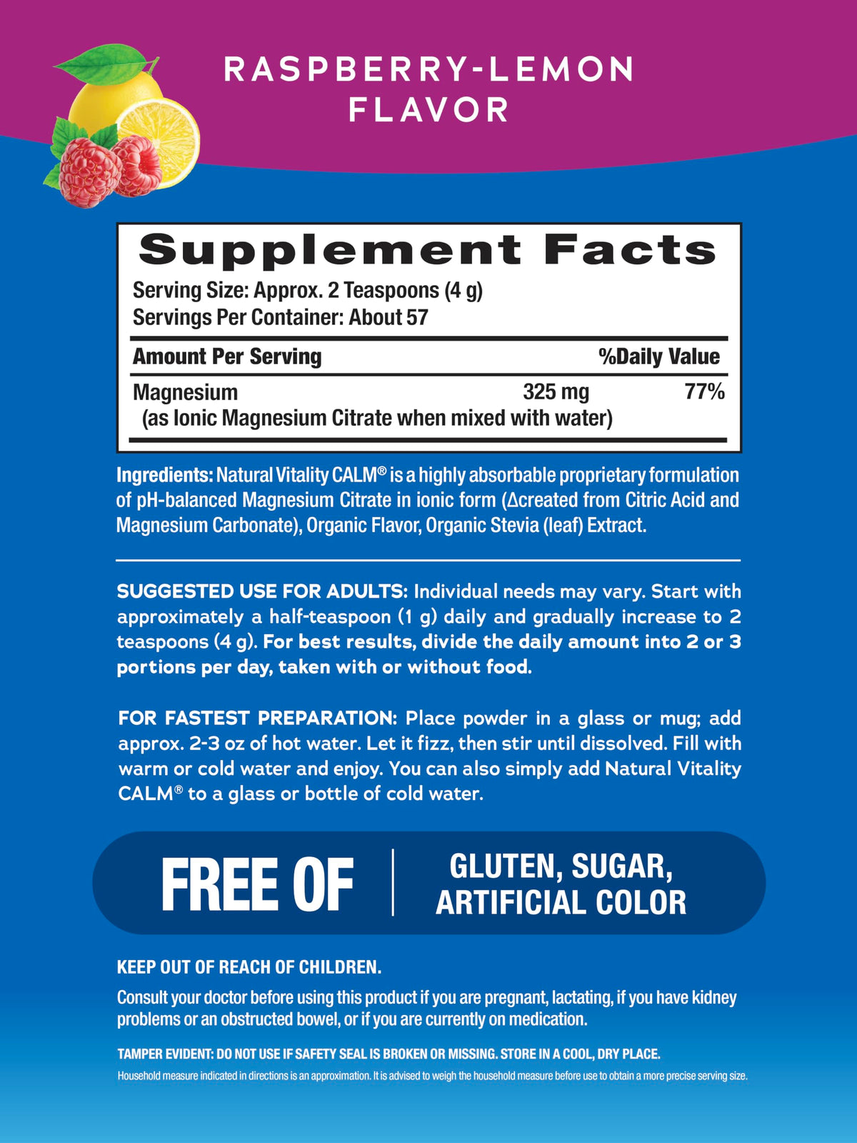 Natural Vitality Calm Powder Rasp Lemon, 8 oz Natural VitalityBuy Supplements Australia