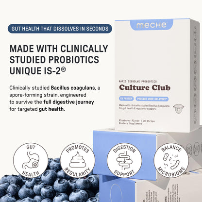 Meche Culture Club Probiotics for Digestive Health and Regularity - 5 Billion CFUs, Probiotics for Women and Men - Gut Health Supplements - Dissolve Strips