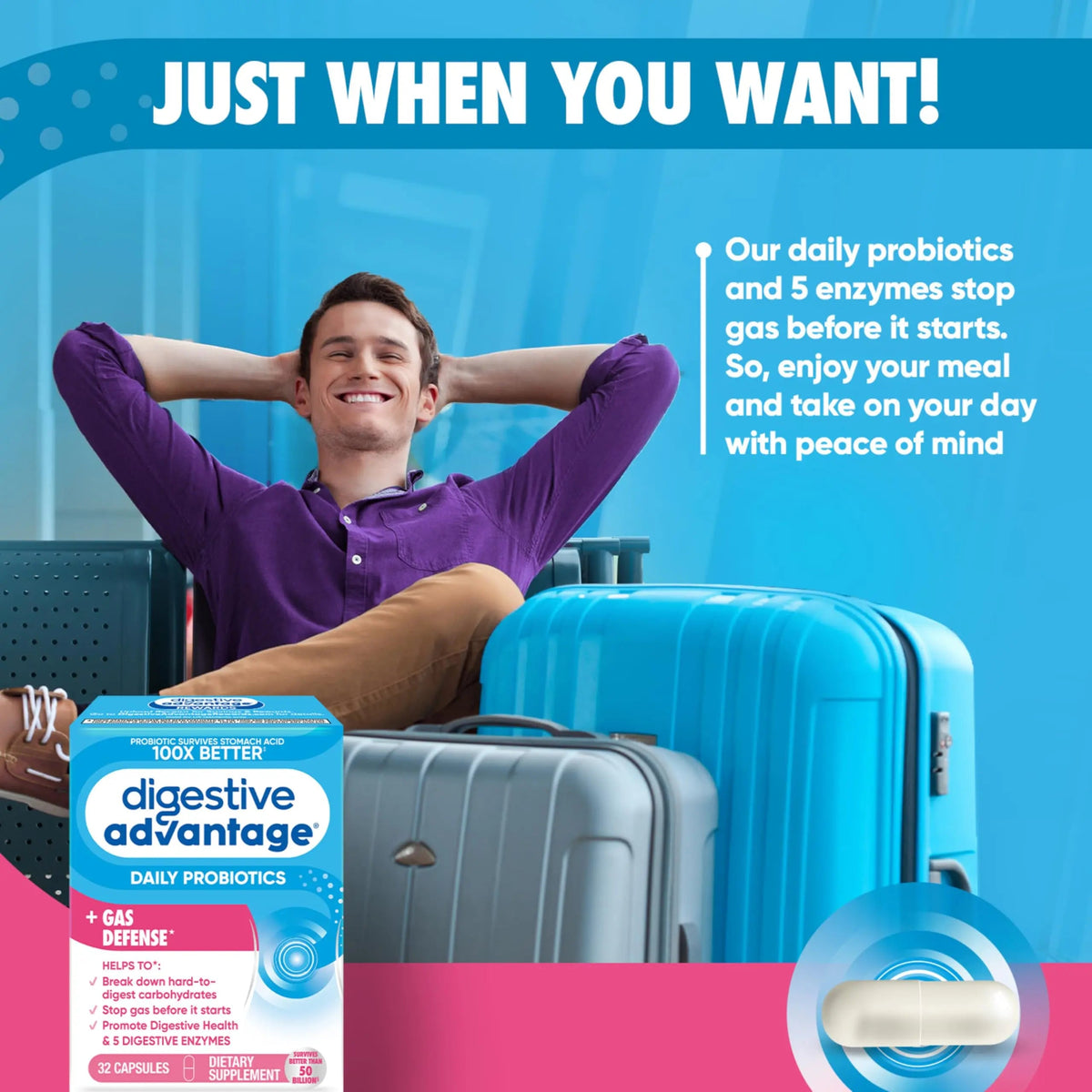 Digestive Enzyme and Probiotic Capsule- Digestive Advantage 32 Capsules, Survives 100x Better than regular 50 billion CFU, Breaks down food, helps prevent gas Digestive AdvantageBuy Supplements Australia