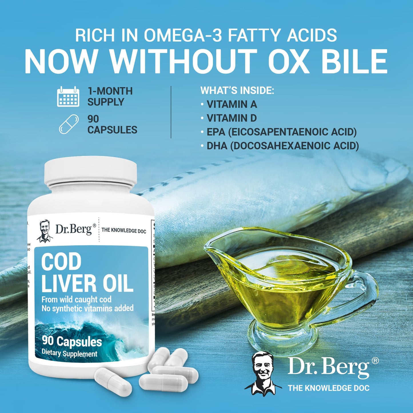 Dr. Berg Cod Liver Oil Capsules - New Formula Without OxBile - Rich in Omega-3 Fatty Dr. Berg NutritionalsBuy Supplements Australia