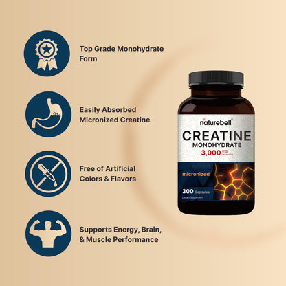 Creatine Monohydrate 3,000mg Per Serving, 300 Capsules – Micronized – Unflavored NatureBellBuy Supplements Australia
