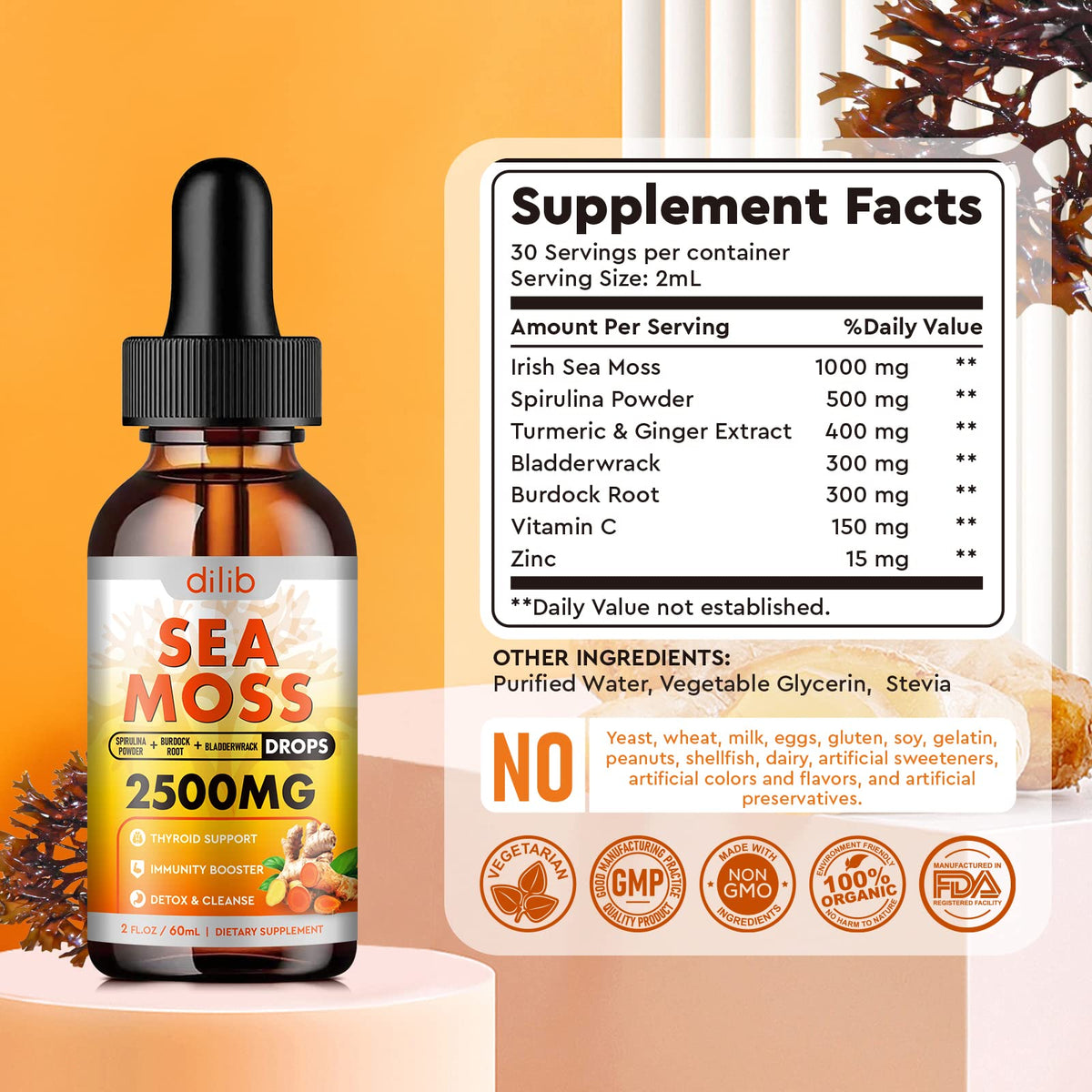 Sea Moss Liquid Drops: Organic Irish Sea Moss 2500mg with Turmeric, Bladderwrack dilibBuy Supplements Australia