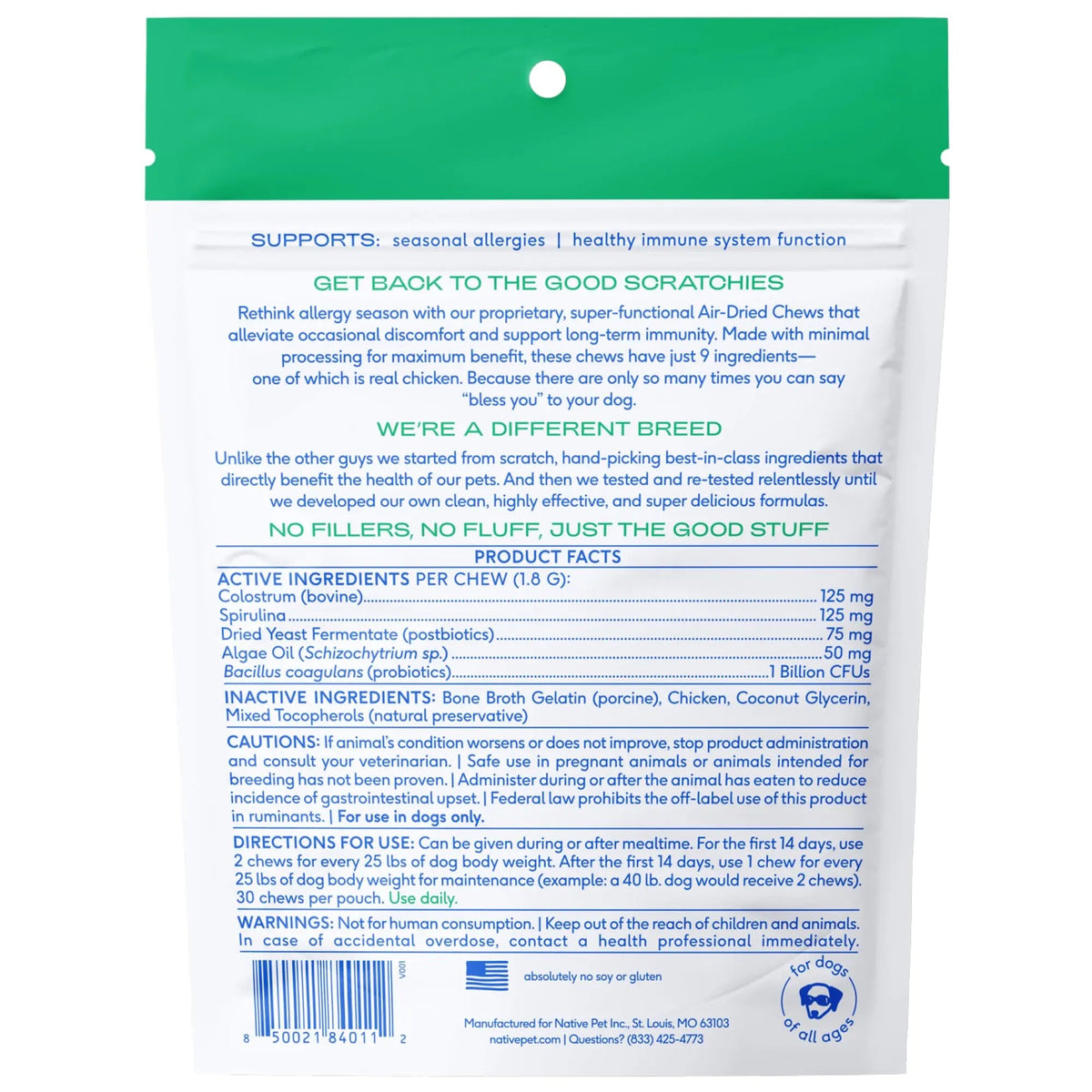 Native Pet Dog Allergy Chews - Dog Allergy Relief for Medium Breeds - Supports Seasonal Itch Relief, Healthy Immune Function & Reduces Sneezing - Colostrum, Spirulina, & Probiotics - 30 Days Supply Native PetBuy Supplements Australia