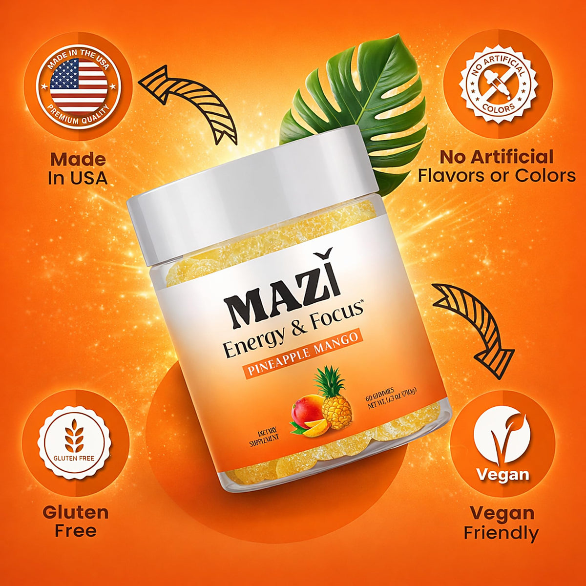 Energy & Focus Gummies | 100mg Natural Caffeine + L-Theanine + Vitamin B6 & B12 + CoQ10 | Nootropic Cognitive Brain Performance Supplement | No Crash or Jitters MAZIBuy Supplements Australia