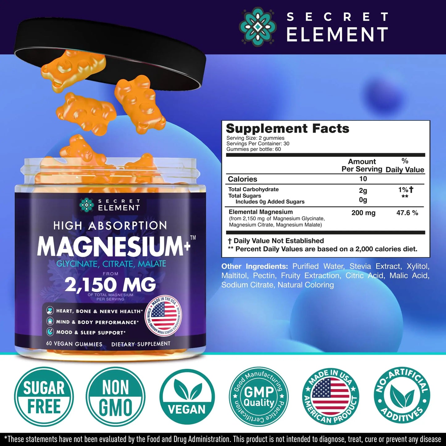Secret Element Magnesium Glycinate 2150MG Gummies for Women and Men, High Absorption Magnesium Glycinate, Citrate, Malate Gummies for Adults & Kids, Sleep Support Secret Element canada supplements