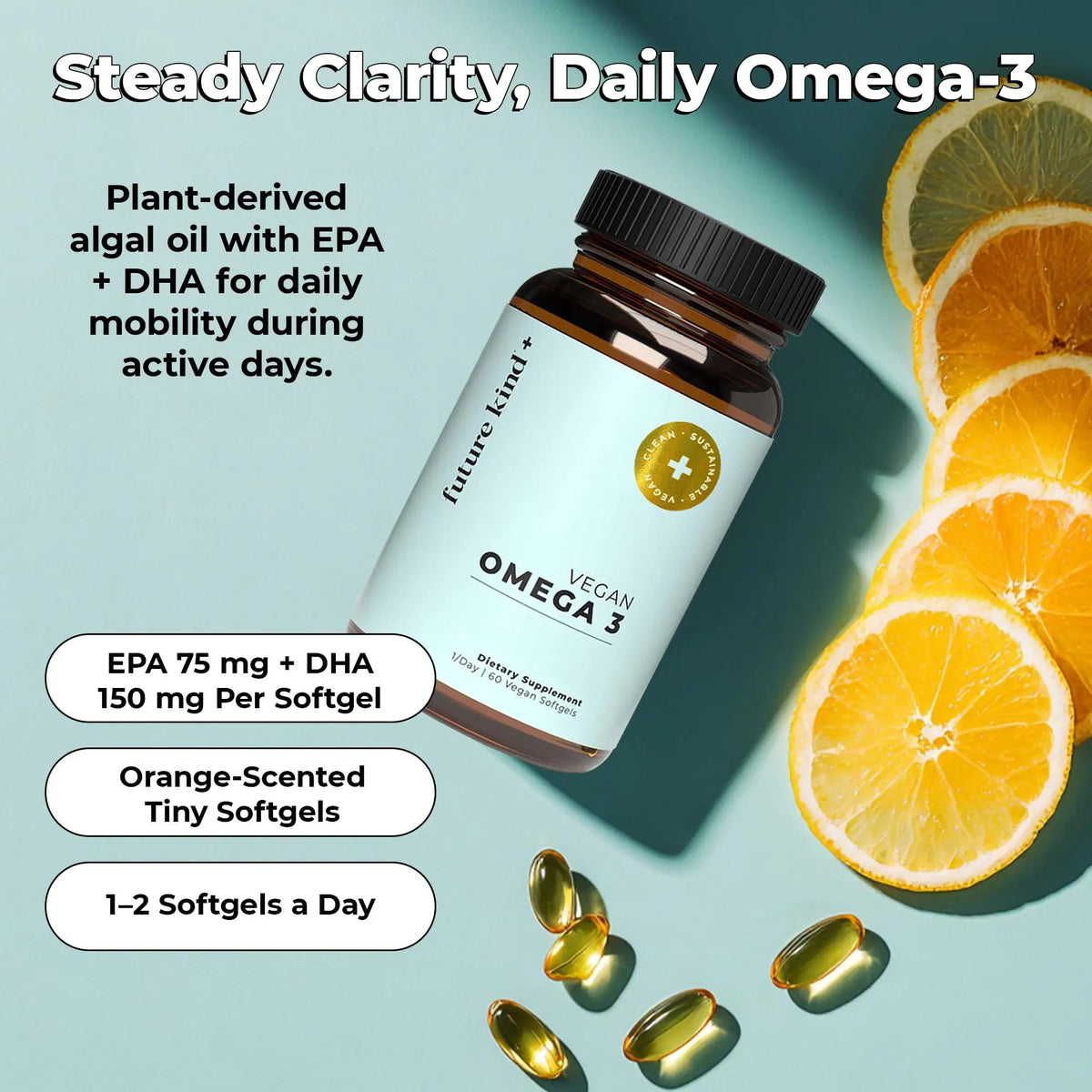 Future Kind Omega-3 Supplement for Clarity, Memory, and Mobility Comfort, 2 Months Supply of Citrus-Scented Softgels with EPA and DHA, Vegan Omega-3 Supplement from Algae, Carrageenan Free, 60 Count Future Kind buy supplements Au
