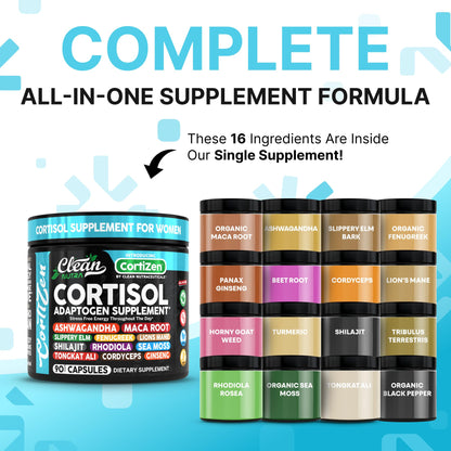 Clean Nutra Cortisol Supplements For Women | Maca Root Ashwagandha Cortisol Detox Manager Reducer + Slippery Elm Fenugreek Lions Mane Shilajit Rhodiola Sea Moss Tongkat Ali Cordyceps Ginseng Beet Root Clean NutraceuticalsBuy Supplements Australia