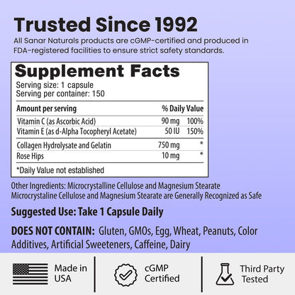Sanar Naturals Collagen Pills, 150 Capsules | Supports Skin Elasticity, Hydration, Hair, Nails and Joints | Hydrolyzed Collagen Peptides Supplement with Vitamin C and E, Grass Fed, Non GMO Sanar Naturals buy supplements Au