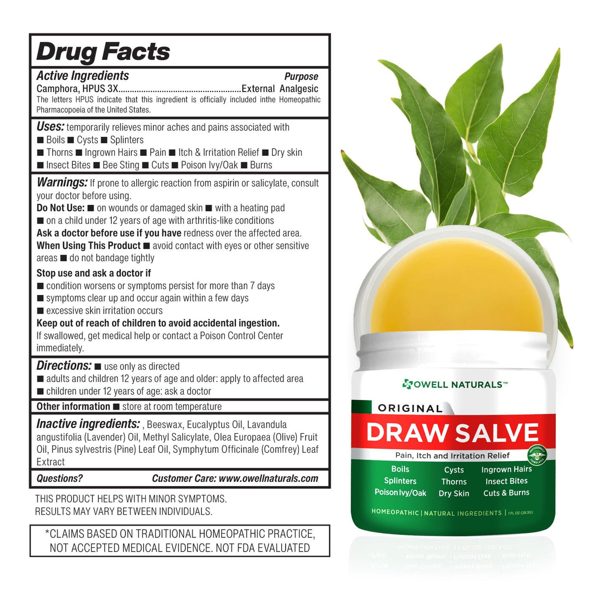 OWELL Naturals Drawing Salve Ointment for Boil & Cyst Removal, Deep Ingrown Hair, Splinter Remover, Bug Spider Bites, Bee Sting, Mosquito Itching, Poison Ivy Owell Naturals buy supplements Au
