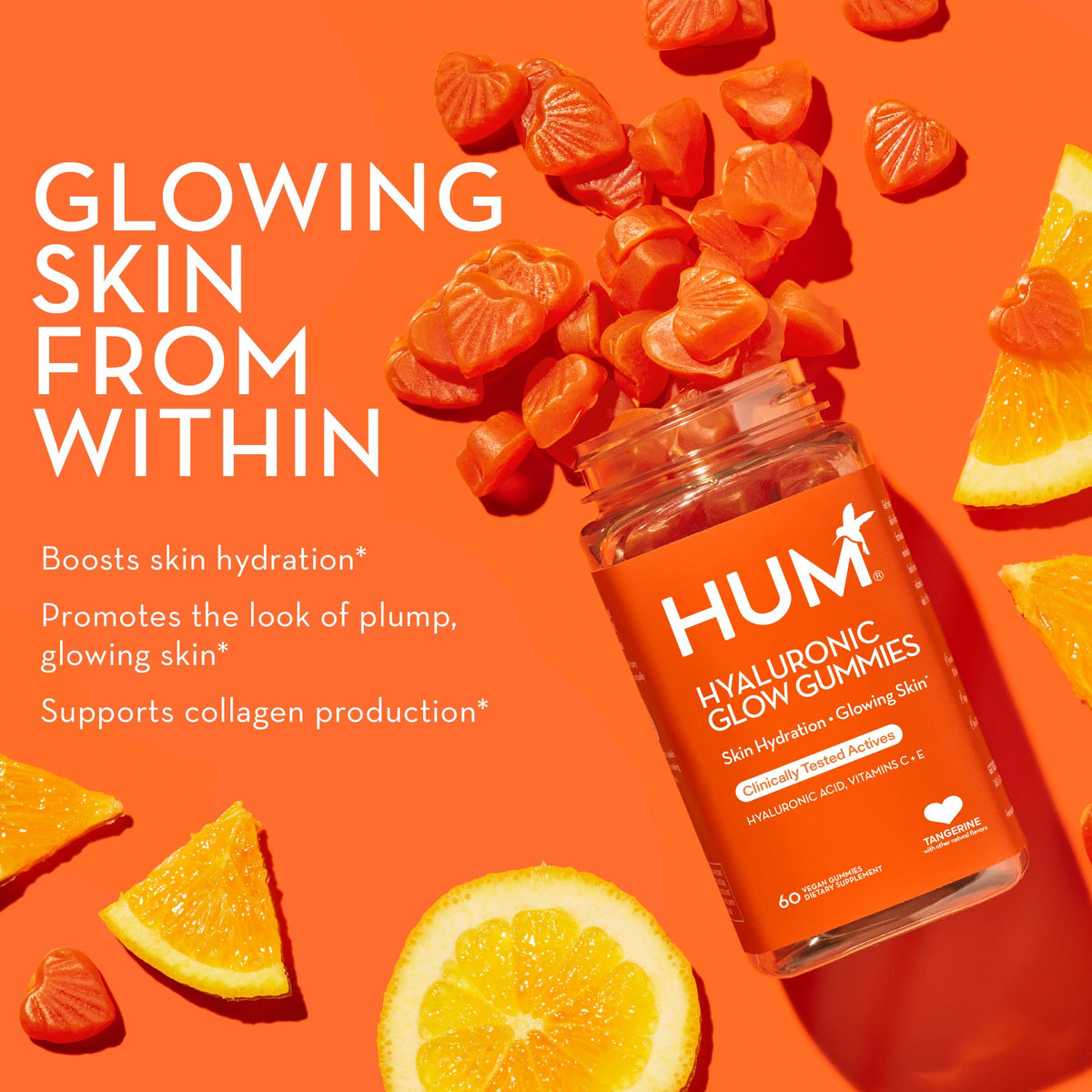 HUM Hyaluronic Glow Hydrating Skin Care Supplement, with Low Molecular Hyaluronic Acid, Vitamin C from Amla Fruit, and Vitamin E, Antioxidant Support for Skin Hydration, Tangerine, 60 Vegan Gummies HUMBuy Supplements Australia
