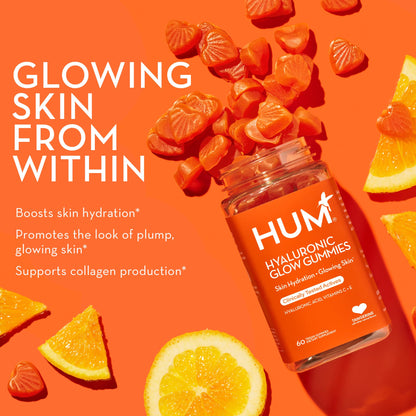 HUM Hyaluronic Glow Hydrating Skin Care Supplement, with Low Molecular Hyaluronic Acid, Vitamin C from Amla Fruit, and Vitamin E, Antioxidant Support for Skin Hydration, Tangerine, 60 Vegan Gummies HUMBuy Supplements Australia