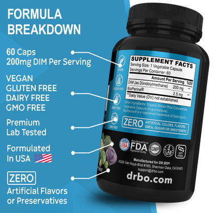DIM Supplement for Women & Men 200mg - Androgen Estrogen Blocker for Men & Women, Hormonal Acne Pills, Hormone Balance, Menopause Support, Diindolylmethane DIM Supplement Plus BioPerine - 60 Capsules DR. BOBuy Supplements Australia