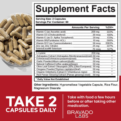 Bravado Labs L-Lysine 250mg Capsules – Immune & Cold Sore Support – Vegan, Non-GMO, Allergen-Free, 3rd-Party Tested