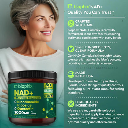 biophix NAD+ Liposomal Supplement for Women & Men - 1000 mg per Serving - Nicotinamide Riboside, Micronized Resveratrol & Quercetin Complex - 100 Veg Capsules - Non-GMO, Gluten-Free, cGMP Certified biophixBuy Supplements Australia