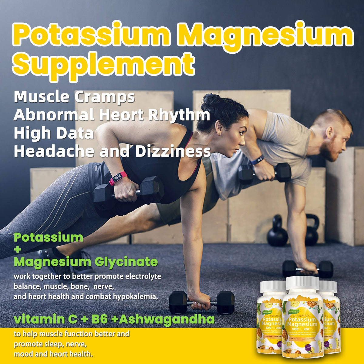 Potassium Magnesium Gummies,High Absorption Magnesium Glycinate,B6,D3,Potassium Citrate for Leg Cramps,Muscle,Electroyte for Adults Kids,Sugar-Free, 60 Gummies (Pineapple) WekannufodBuy Supplements Australia
