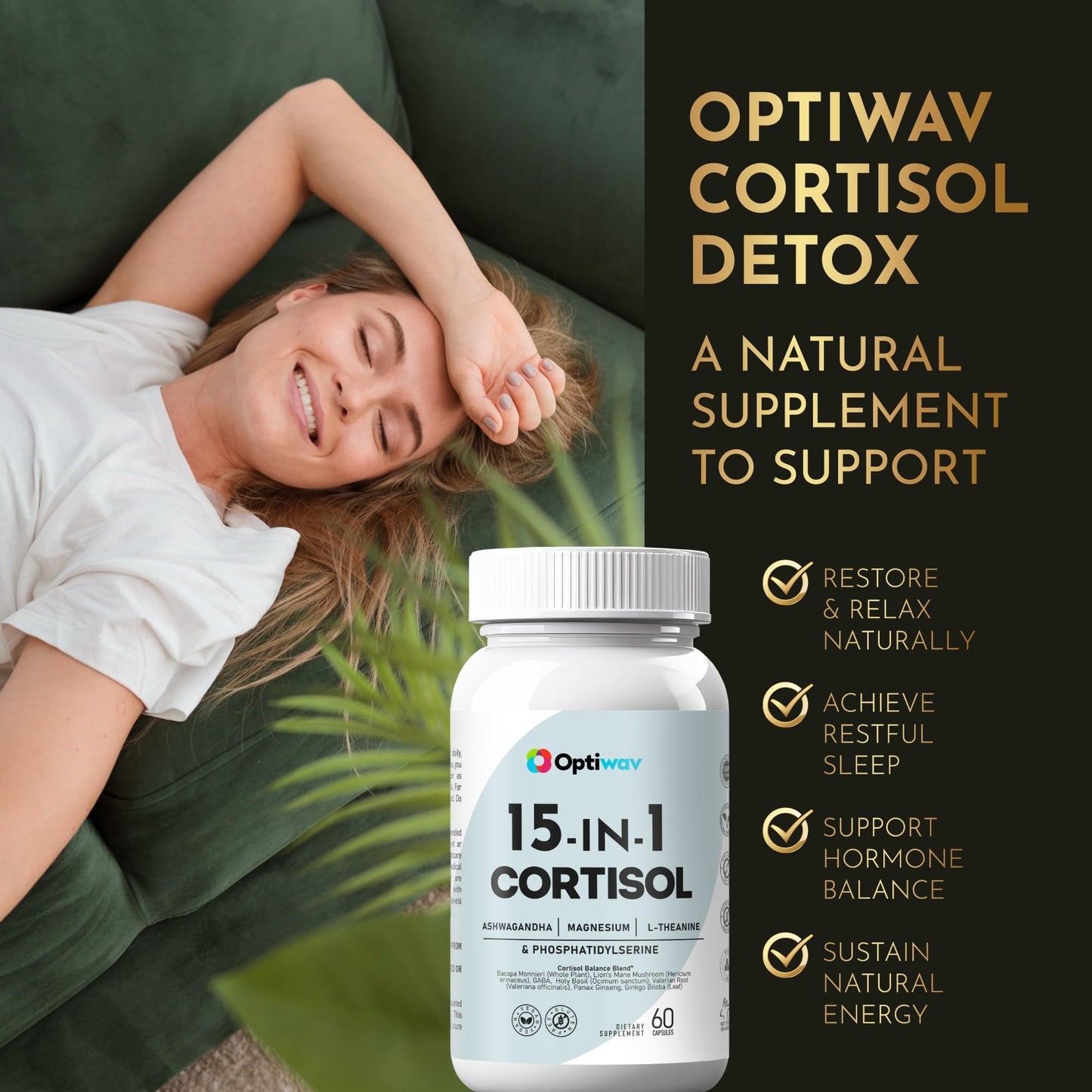 Optiwav Cortisol Detox Supplement for Women Men - Control & Lowering High Cortisol Level - Balance Calm Stress Relief Cleanse Adrenal Health Support - Magnesium Ashwagandha Cortisol Blocker Reducer OptiwavBuy Supplements Australia