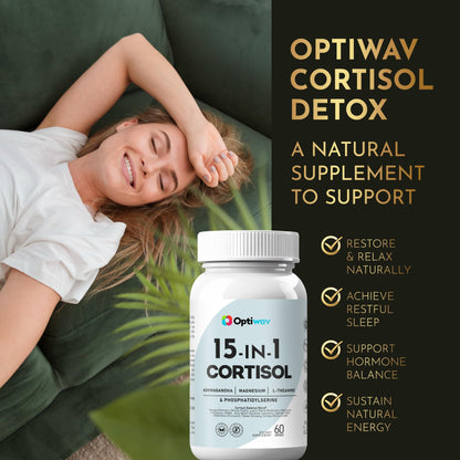 Optiwav Cortisol Detox Supplement for Women Men - Control & Lowering High Cortisol Level - Balance Calm Stress Relief Cleanse Adrenal Health Support - Magnesium Ashwagandha Cortisol Blocker Reducer OptiwavBuy Supplements Australia