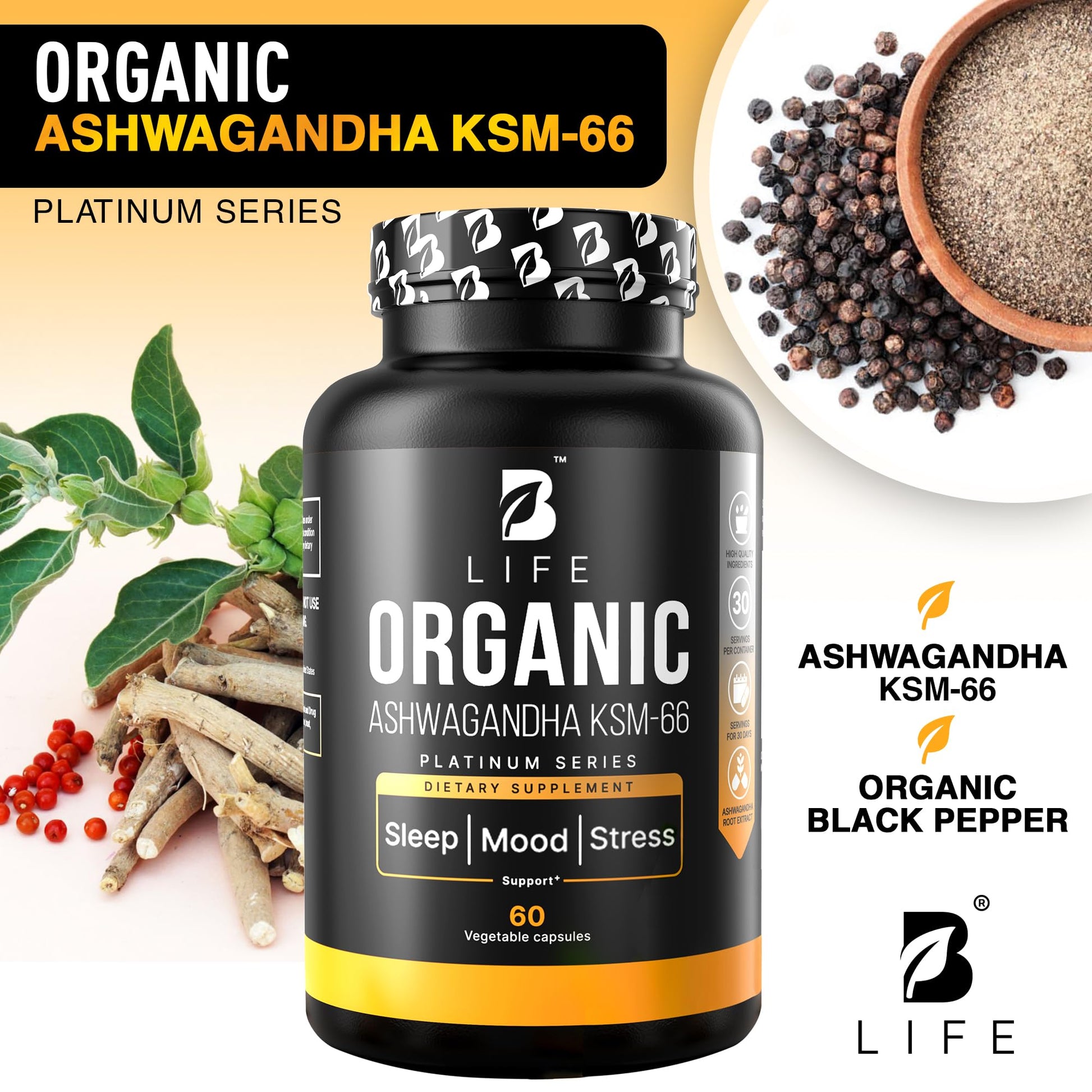 Organic Ashwagandha KSM-66 1000 mg Supplement | Adaptogen for Cortisol Support & Stress Relief | Mood, Calm & Sleep Aid for Men & Women | Ashwagandha ritual vitamins for women | 60 Vegan Caps B Life CompanyBuy Supplements Australia