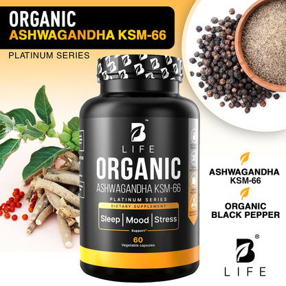 Organic Ashwagandha KSM-66 1000 mg Supplement | Adaptogen for Cortisol Support & Stress Relief | Mood, Calm & Sleep Aid for Men & Women | Ashwagandha ritual vitamins for women | 60 Vegan Caps B Life CompanyBuy Supplements Australia