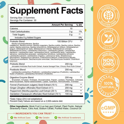 (2 Packs) Totaria Sugar Free 5-in-1 Probiotic Prebiotic Postbiotic Gummy, Probiotics for Women Men with Digestive Enzymes, Peppermint, Complete Immune, Gut & Digestive Support, Vegan Strawberry Flavor TotariaBuy Supplements Australia