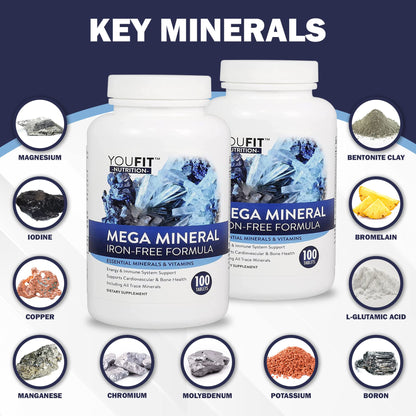 Mega Minerals Supplement by Youfit Nutrition | Trace Minerals | Premium Formula with Source of Minerals and Immune Health Support | Iron Free | All in One