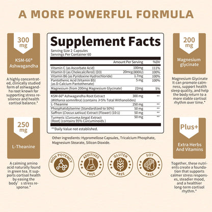 10-IN-1 Cortisol Supplements w/ KSM-66® Ashwagandha 300mg + L-Theanine 250mg, Magnesium Glycinate, Saffron, Phosphatidylserine, Turmeric & Vitamin C D3 B6 B5, For Women Men, 120 Capsules 60-Day Supply LukareeBuy Supplements Australia