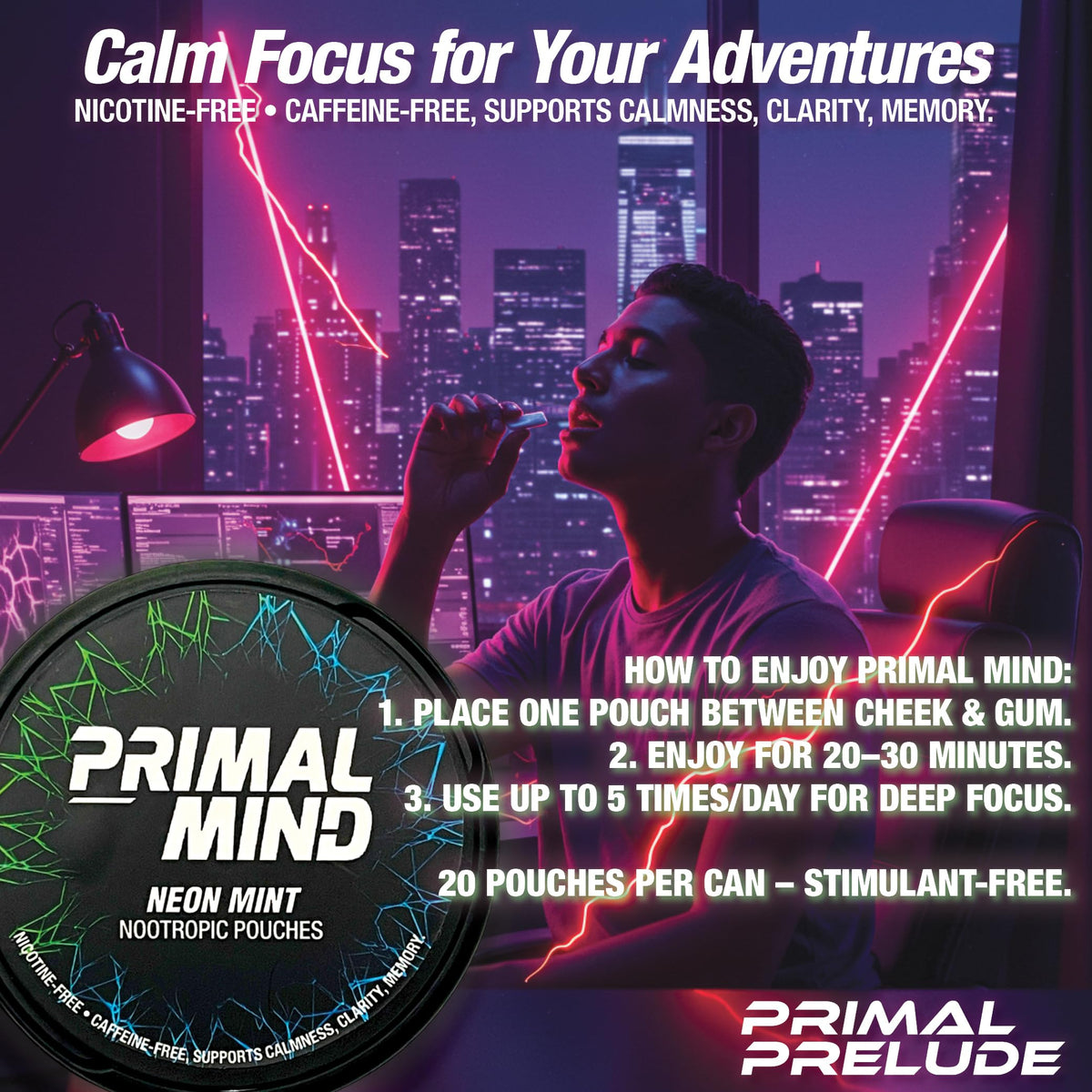 Nootropic Pouches - Primal Mind Caffeine Free Nootropics Pouches Made with Ginkgo Biloba & L-Theanine - Nicotine Free Brain Boost, No Sugar, Cognitive Support – 20 Pouches Per Can, 5 Pack (Neon Mint) Primal PreludeBuy Supplements Australia