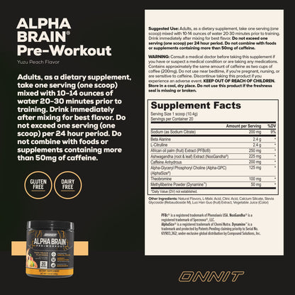 ONNIT Alpha Brain Pre-Workout - Yuzu Peach (20 Serving Tub) ONNITBuy Supplements Australia
