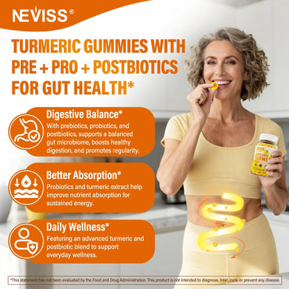 Sugar Free Turmeric Curcumin Filled Gummies 550mg for Adults, Ginger & Black Pepper | 95% Curcuminoids w/Prebiotic Probiotic & Postbiotic Blend, Support, Immune & Digestive Health, Vegan, 2Pack NEVISSBuy Supplements Australia