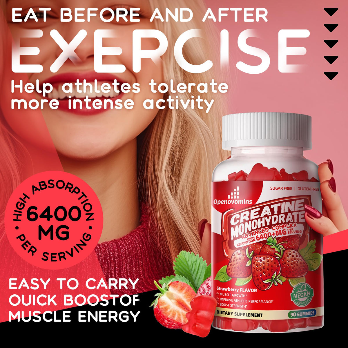 Creatine Monohydrate Gummies Complex for Men & Women -Advanced Formula W/L-Taurine + Vitamin B12, Sugar Free Chewable Supplement,90 Strawberry Gummies OpenovominsBuy Supplements Australia
