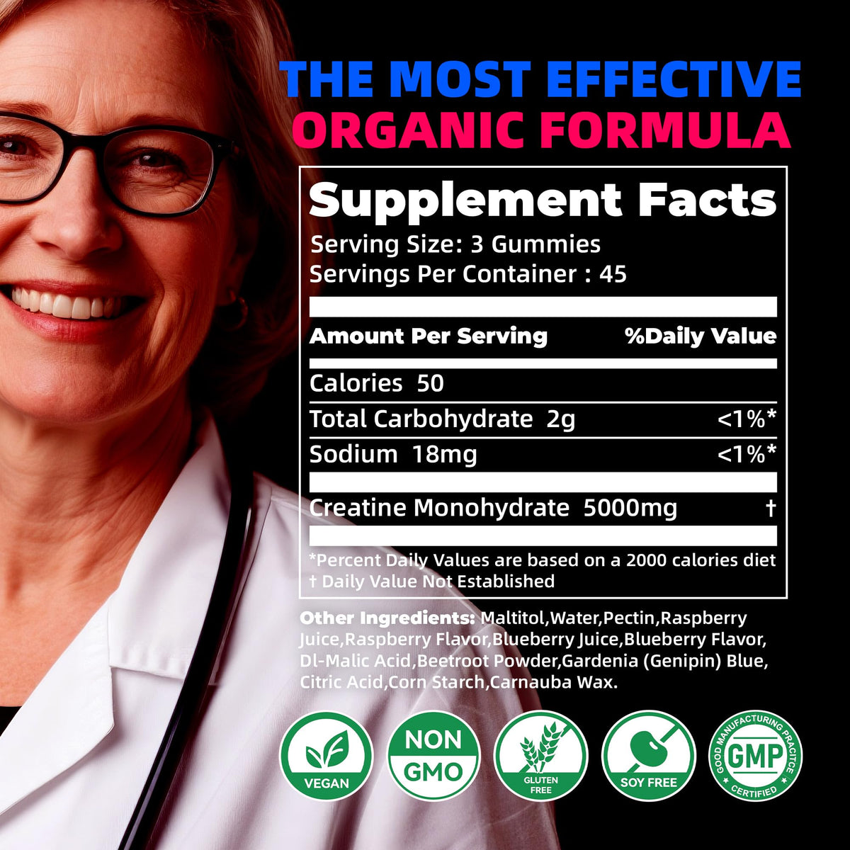 NSF Certified Creatine Gummy 5g - Creatine Monohydrate Gummies for Men & Women. Boost Focus,Strength, and Endurance, Anti-Melting Formula, Vegan, Gluten-Free, Non-GMO,(Raspberry & Blueberry 135 ct) AllcoovitaBuy Supplements Australia