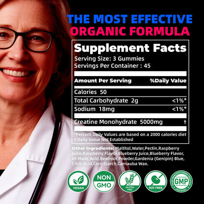 NSF Certified Creatine Gummy 5g - Creatine Monohydrate Gummies for Men & Women. Boost Focus,Strength, and Endurance, Anti-Melting Formula, Vegan, Gluten-Free, Non-GMO,(Raspberry & Blueberry 135 ct) AllcoovitaBuy Supplements Australia