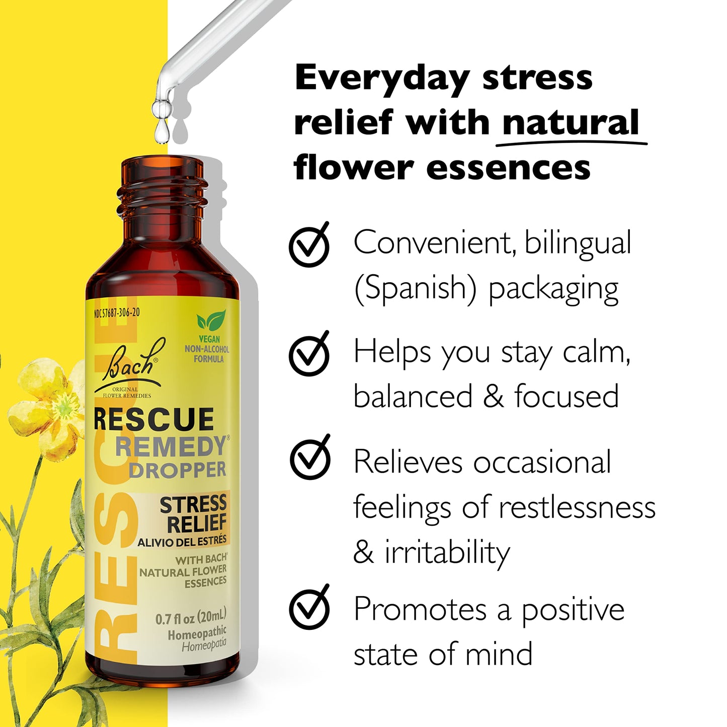 RESCUE Bach Remedy Dropper 20mL, Natural Stress Relief, Homeopathic Flower Essence, Vegan, Gluten & Sugar-Free, Non-Habit Forming (Non-Alcohol Formula) RESCUE buy supplements Au