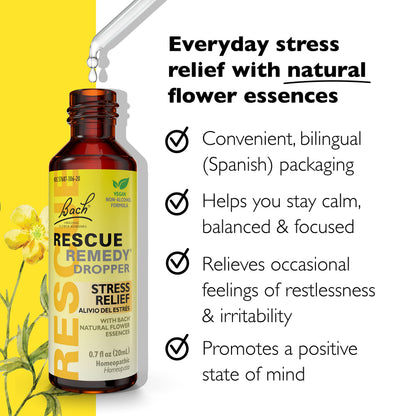 RESCUE Bach Remedy Dropper 20mL, Natural Stress Relief, Homeopathic Flower Essence, Vegan, Gluten & Sugar-Free, Non-Habit Forming (Non-Alcohol Formula) RESCUE buy supplements Au